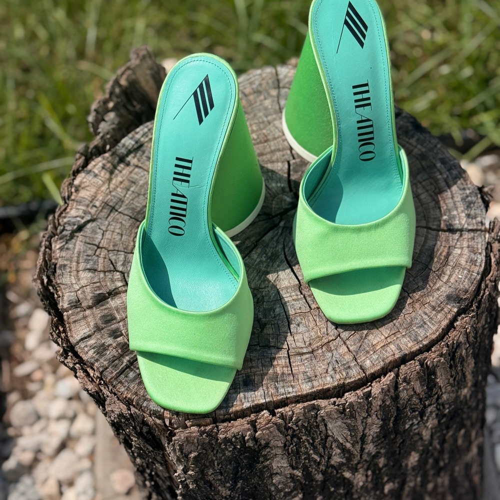 The Attico Devon Mules Womens 37 Green Satin Conical Block Heel Square Toe